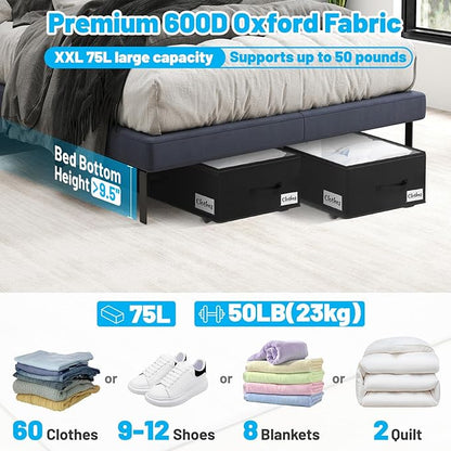 Under Bed Storage with Wheels, 2-Pack 10" Height XXL 75L Rolling Storage Bins, Quick Assembly Underbed Shoe Storage Containers with Clear Lid & Label, Dorm Under Bed Drawers for Clothes, Shoes, Black