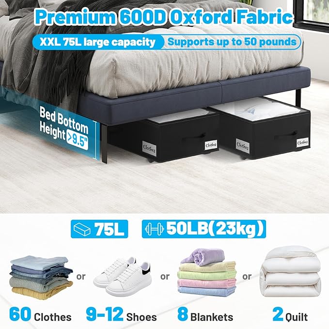 Under Bed Storage with Wheels, 2-Pack 10" Height XXL 75L Rolling Storage Bins, Quick Assembly Underbed Shoe Storage Containers with Clear Lid & Label, Dorm Under Bed Drawers for Clothes, Shoes, Grey