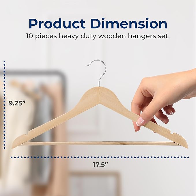 SereneLife Solid Wooden Hangers, Mega Pack, 80 Pieces Hangers for Clothes, Heavy Duty Suit Hanger Set with Chrome 360 Degree Swivel Hook, Notched Design, Natural Wood Color