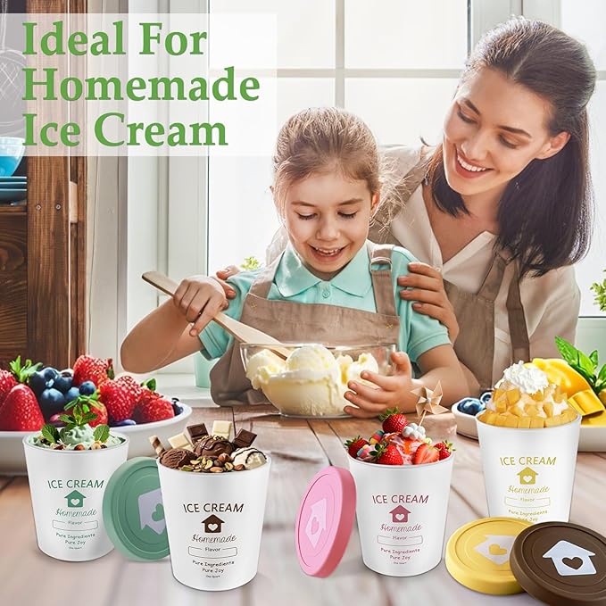 cyrico Ice Cream Containers with Silicone Lids for Homemade Ice Cream, 4 Pack 1 Quart Each Reusable Sorbet Frozen Yogurt Storage Containers Set BPA Free Stackable Leakproof Dishwasher Freezer Safe