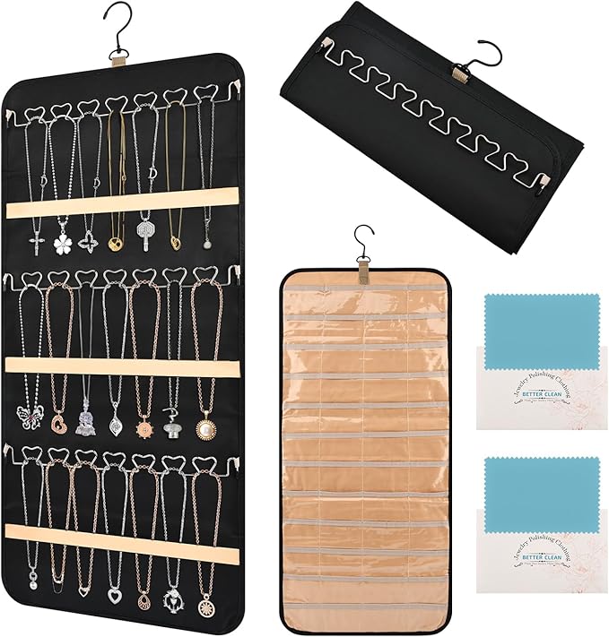 48 Pocket Oxford Fabric Double Sided Hanging Rotating Jewelry Organizer, Bracelet Necklace Jewelry Display Hanger for Closet Door, Earring Dustproof Holder Wall Mount Accessories(Black)