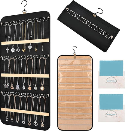 48 Pocket Oxford Fabric Double Sided Hanging Rotating Jewelry Organizer, Bracelet Necklace Jewelry Display Hanger for Closet Door, Earring Dustproof Holder Wall Mount Accessories(Black)