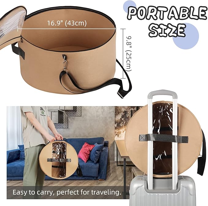 LitLandstar Hat Organizer Round Storage Box Portable Felt Container Foldable Hat Holder with Dust Proof Lid, Hat Rack for Closet or Travel (17" D x 10" H, Khaki)