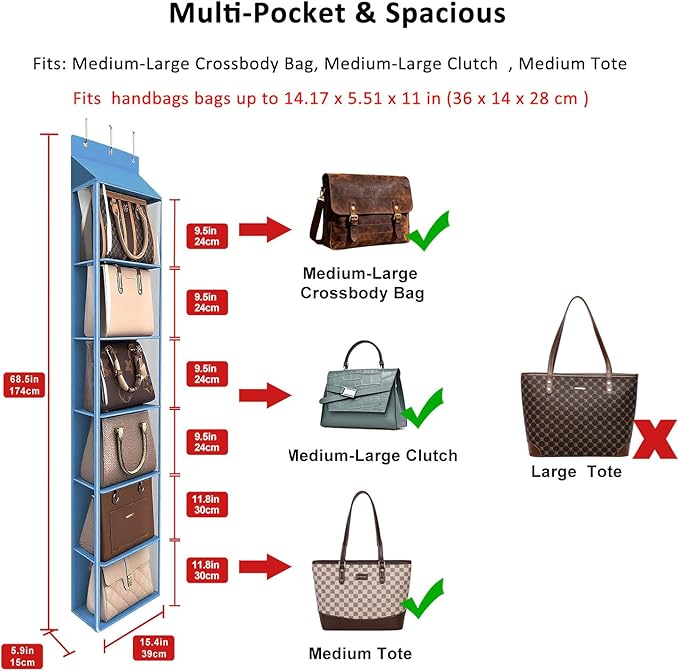 Lirex Over The Door Purse Organizer & Purse Shelf for Closet – Handbag Storage Organizer with Purse Hanger. Perfect for Scarves, Hats, and Leggings. L (15.7'' x 5.7'' x 68''), Blue
