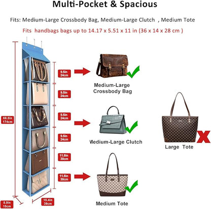 Lirex Over The Door Purse Organizer & Purse Shelf for Closet – Handbag Storage Organizer with Purse Hanger. Perfect for Scarves, Hats, and Leggings. L (15.7'' x 5.7'' x 68''), Blue