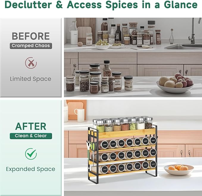 EsLuker.ly Spice Seasoning Rack Organizer Kitchen Countertop, 4 Tier Bamboo Spice Shelf Holder Storage with 4 Hooks, Wall Mounted Freestanding Stand for Pantry, Quick Spice Access(Jars Not Included)
