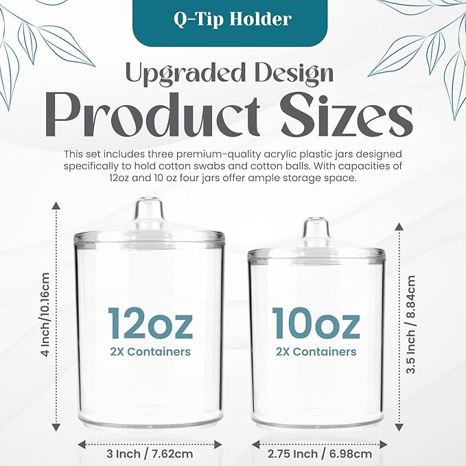 Qtip Holder Set, 4 Pack Clear Plastic Apothecary Jars with Lids for Cotton Swabs, Cotton Balls & Bathroom Vanity Organizer