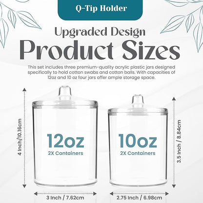 Qtip Holder Set, 4 Pack Clear Plastic Apothecary Jars with Lids for Cotton Swabs, Cotton Balls & Bathroom Vanity Organizer