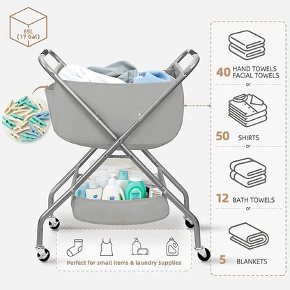 STORAGE MANIAC Collapsible Laundry Cart with Wheels 31.5"H Rolling Laundry Hamper Clothes Basket with Wheels, Canvas Liner Sturdy Steel Frame Folding for Small Narrow Space Easy Storage, Grey