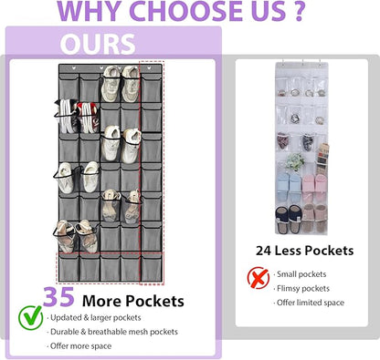 homyfort 35 Large Pockets Over the Door Shoe Organizer, Extra Sturdy Oxford Fabric Hanging Shoe Rack for Door Closet, Wall Mesh Shoe Storage Holder for Mens Women Shoes (Grey)