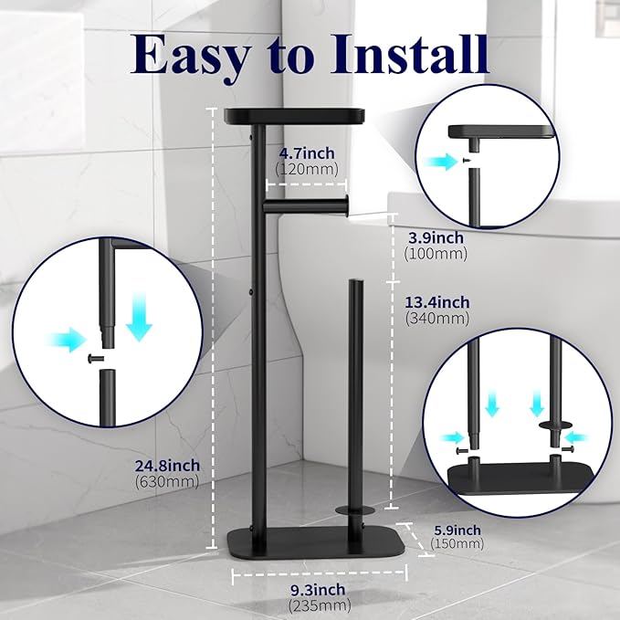 Kitsure Toilet Paper Holder Free Standing – Rustproof Metal Toilet Paper Stand for 4 Rolls with Anti-Slip Base and Shelf for Phone & Small Items, Bathroom Organizers and Storage, Medium, Black