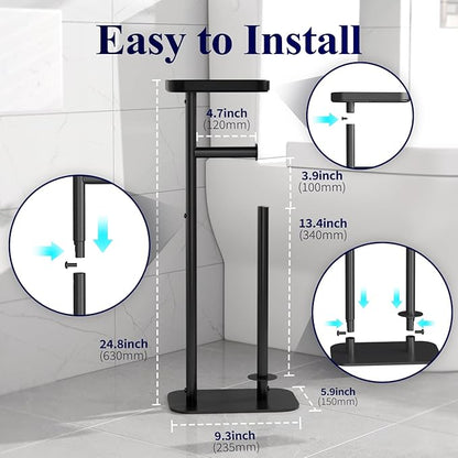 Kitsure Toilet Paper Holder Free Standing – Rustproof Metal Toilet Paper Stand for 4 Rolls with Anti-Slip Base and Shelf for Phone & Small Items, Bathroom Organizers and Storage, Medium, Black