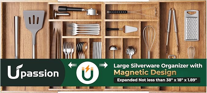 Large Silverware Organizer, 13 Slots Magnetic Connected Expandable Acacia Wood Utensil Drawer Organizer From 21 to 37.4 Inches, Adjustable Flatware and Cutlery Holder, Utensil Tray for Kitchen Natural