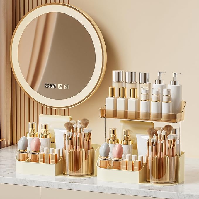 DASITON Large Capacity Makeup Organizer with 360° Rotating Makeup Brush Holder, Perfume and Skincare Storage Organizers for Vanity Bathroom Countertop, Cosmetic Display Case (Cream, 1 Tier)