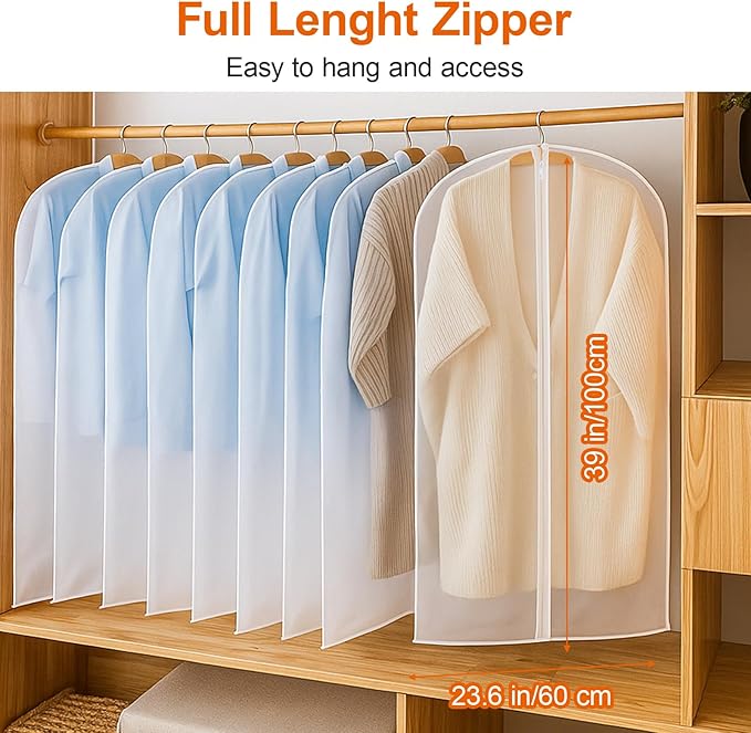 Kifmurase 40" All Clear Garment Bags for Hanging Clothes, 15 Packs Suit Bags for Closet Storage, Plastic Dustproof Suit Cover Bag Clothes Protectors Bag with Zipper for Coats Jackets Shirts Closet