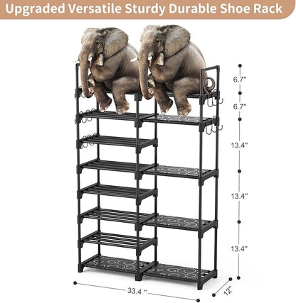 ROJASOP Shoe Rack Organizer, 8-Tier Metal Shoe Rack for Closet Entryway Garage, 26-32 Pairs Tall Shoe Boot Storage Shelf with 15 Hooks, Stackable Large Shoe Stand