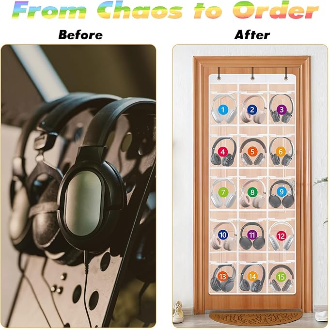 2 Pack Classroom Headphone Storage Organizer with 30 Pockets PVC Clear Organizer Holder with 4 Hooks for Headphone Organizer Classrooms