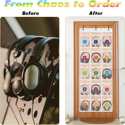 2 Pack Classroom Headphone Storage Organizer with 30 Pockets PVC Clear Organizer Holder with 4 Hooks for Headphone Organizer Classrooms
