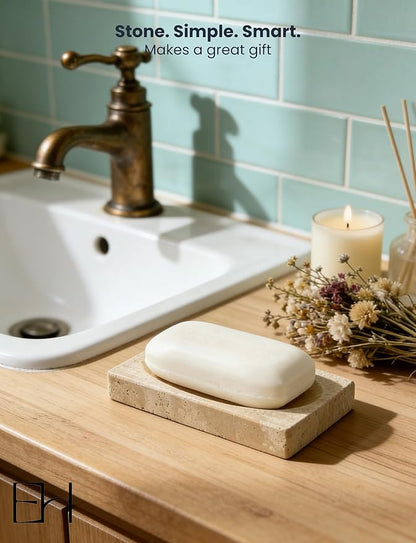 Marble Soap Dish for Shower - Stone Soap Tray Holder, Natural Soap Bar Holder Countertop Caddy, Marble Bathroom Accessories (Beige Travertine)