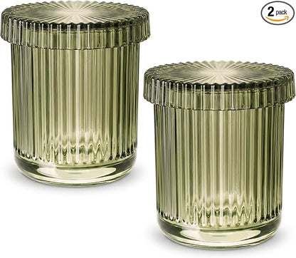 2 Pack Qtip Holder - Apothecary Jars with Lids, Bathroom Organizers and Storage Canister for Cotton Balls,Swabs,Floss Picks,Hair Ties,Clear Glass Vintage Bathroom Decor Jar Set (green2)