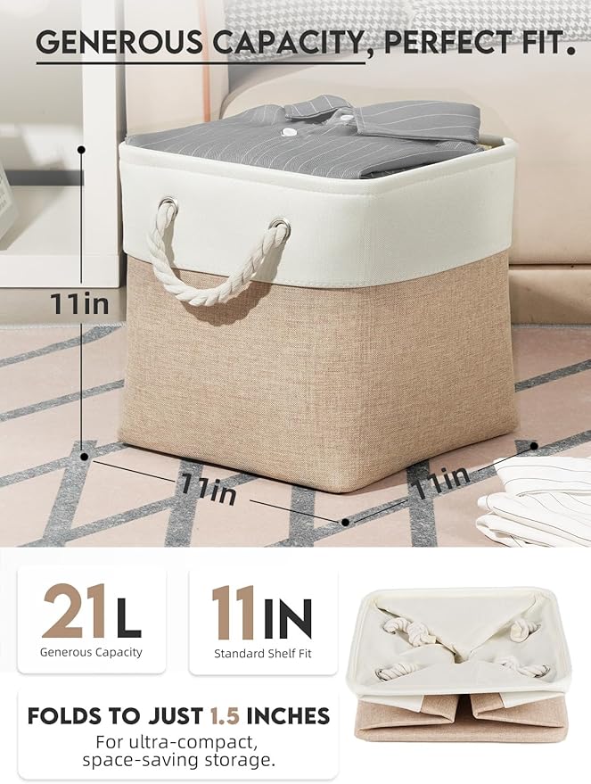 Temary 6-Pack Cube Storage Bins, 11 Inch Foldable Fabric Storage Cubes with Cotton Rope Handles, Sturdy Linen Organizer Baskets with Metal Frame for Shelves, Closet, Nursery (White&Khaki)