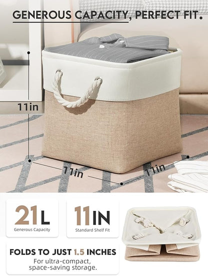Temary 6-Pack Cube Storage Bins, 11 Inch Foldable Fabric Storage Cubes with Cotton Rope Handles, Sturdy Linen Organizer Baskets with Metal Frame for Shelves, Closet, Nursery (White&Khaki)