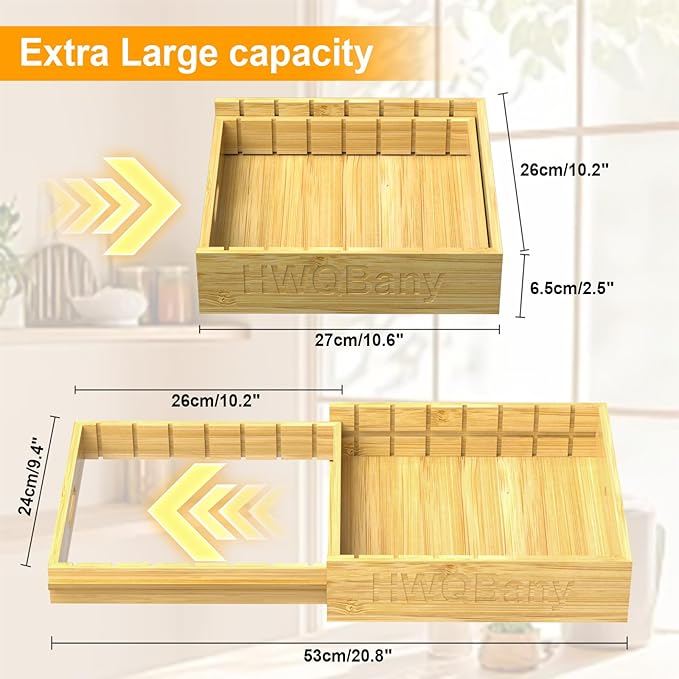 Pots and Pans Organizer, Bamboo Expandable Cutting Board Organizers, Adjustable Pot Lids Organizer for Cabinet with 5 Adjustable Dividers for Pots, Pans, Baking Sheets, Cutting Boards, Nature