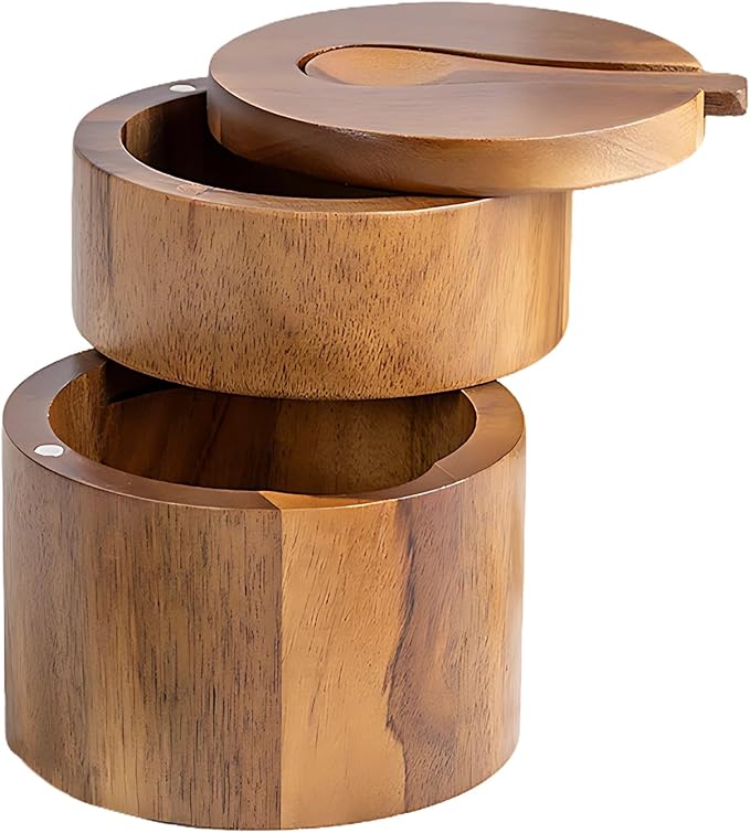 Acacia Wood Salt Cellar, 2-Layer Wooden Seasoning Box with Spoon and with Strong Attachment Force Swivel Lid, 4.1x3.5x3.5 in Kitchen Spice Container Organizer, Brown