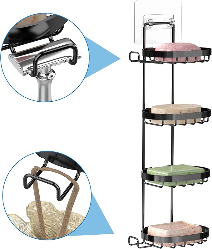 MASADI 4 Tier Soap Dish Holder, Soap Bar Holder with Hooks, Shampoo Bar Caddy for Shower Wall, Razor Holder for Shower, Bar Soap Container 304 Stainless Steel, Bathroom(Black)