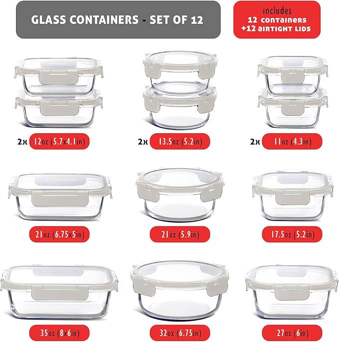 EATEX 24pc Glass Storage Containers with Lids, 12 Glass Food Storage Containers with 12 Airtight Lids for Pantry & Kitchen, Meal Prep Containers for Lunch, Oven Freezer Microwave & Dishwasher Safe