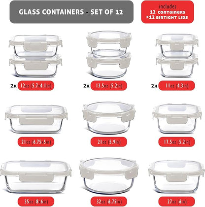 EATEX 24pc Glass Storage Containers with Lids, 12 Glass Food Storage Containers with 12 Airtight Lids for Pantry & Kitchen, Meal Prep Containers for Lunch, Oven Freezer Microwave & Dishwasher Safe