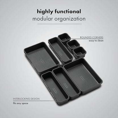 Madesmart 8-Piece Interlocking Bin Pack for Drawer Organization, Plastic Interlocking Junk Drawer Organizer Tray, Granite