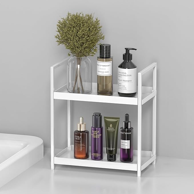 Bathroom Organizer Countertop, 2 Tier Counter Storage Shelf for Makeup Perfume Skincare Cosmetic Beauty Product, Small Vanity Countertop Tray Stand Rack Holder for Bathroom Sink Dresser, White
