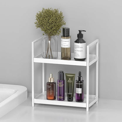 Bathroom Organizer Countertop, 2 Tier Counter Storage Shelf for Makeup Perfume Skincare Cosmetic Beauty Product, Small Vanity Countertop Tray Stand Rack Holder for Bathroom Sink Dresser, White