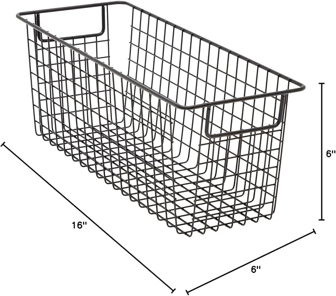 Farmlyn Creek Metal Wire Narrow Baskets - Rust-Resistant Pantry Organizer Storage - Sturdy Handles for Cabinet Organizer - Slim Profile for Narrow Storage - 3-Pack, 16 x 6 x 6 in, Black