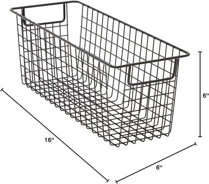 Farmlyn Creek Metal Wire Narrow Baskets - Rust-Resistant Pantry Organizer Storage - Sturdy Handles for Cabinet Organizer - Slim Profile for Narrow Storage - 3-Pack, 16 x 6 x 6 in, Black