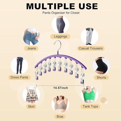 Legging Organizer for Closet, Metal Yoga Pants Hanger w/Rubber Coated 2 Pack w/10 Clips Hold 20 Leggings, Hangers Space Saving Hanging Hangers for Closet Organizers and Storage-Purple