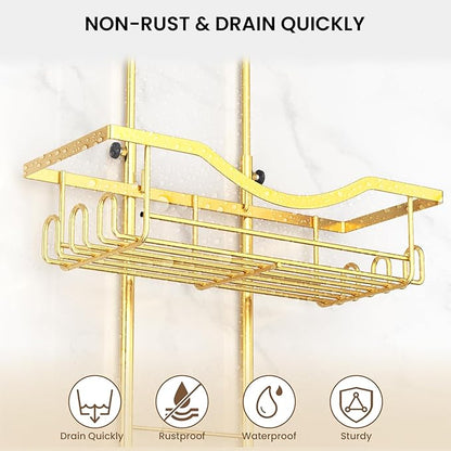Shower Caddy Hanging Adjustable Shower Caddy, Rustproof Shower Organizer Extended Length Showers Caddy Over Shower Head with Hooks Soap Holder, Large Capacity Anti-Swing Bathroom Organizer, Gold