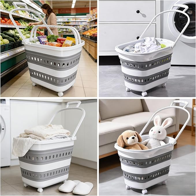 50L Collapsible Plastic Laundry Basket Hamper with Wheels, Foldable Laundry Basket with Handles, Pop Up Storage Container Organizer for Washing Storage
