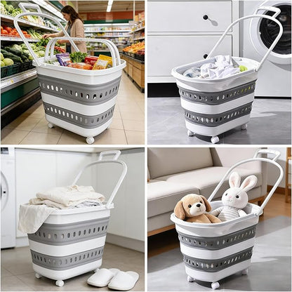 50L Collapsible Plastic Laundry Basket Hamper with Wheels, Foldable Laundry Basket with Handles, Pop Up Storage Container Organizer for Washing Storage