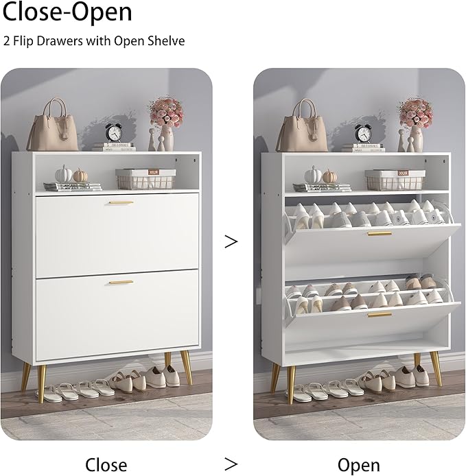 JOZZBY Shoe Cabinet for Entryway, White Narrow Shoe Storage Cabinet with 2 Flip Drawers and Open Shelves, Hidden Freestanding Shoe Rack Storage Organizer for Hallway, Living Room
