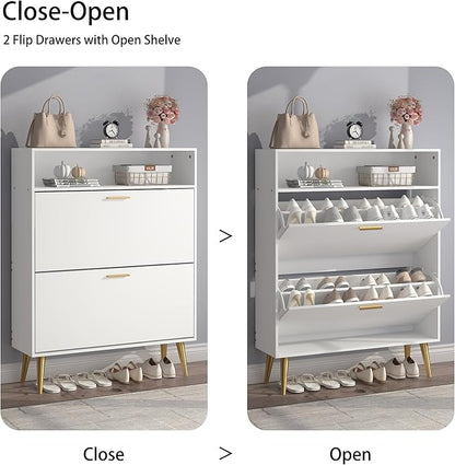 JOZZBY Shoe Cabinet for Entryway, White Narrow Shoe Storage Cabinet with 2 Flip Drawers and Open Shelves, Hidden Freestanding Shoe Rack Storage Organizer for Hallway, Living Room