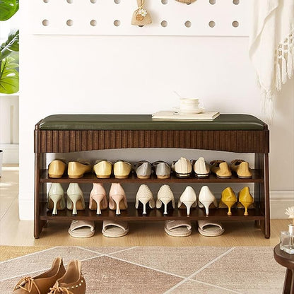 Entryway Shoe Rack Organizer with Upholstered Bench, 3-Tier Wooden Shoe Storage with Padded Seat for Bathroom and Front Door