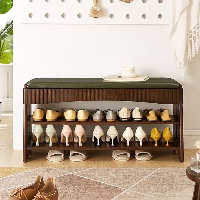 Entryway Shoe Rack Organizer with Upholstered Bench, 3-Tier Wooden Shoe Storage with Padded Seat for Bathroom and Front Door