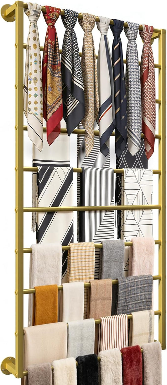 Wall Mounted Scarf Rack, Gold Silk Scarves Hijab Hanger Organizer Metal Racks Wrapping Tissue Paper Ribbon Holder Towels Storage Display for Flower Shop Retail Store (Gold, 10T-23.6×47.2IN)