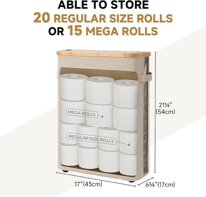StorageWorks Toilet Paper Storage Baskets with Dual Flip Lids, Toilet Paper Organizer for Bathroom, Toilet Paper Container with Side Pocket, Holds 15 Mega or 20 Regular Rolls, Large, Light Khaki