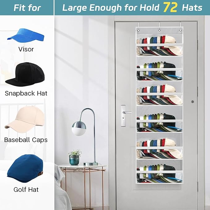 AOODA Clear Over the Door Hat Racks for Baseball Caps, Large Holds up to 72 Caps Hat Storage Organizer for Closet Wall, Deep Pockets Hanging Snapback Holder Shelves with 3 Hooks, White