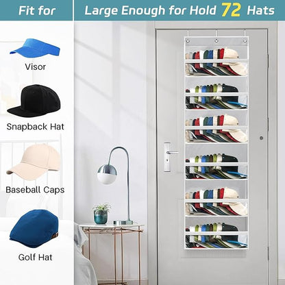 AOODA Clear Over the Door Hat Racks for Baseball Caps, Large Holds up to 72 Caps Hat Storage Organizer for Closet Wall, Deep Pockets Hanging Snapback Holder Shelves with 3 Hooks, White