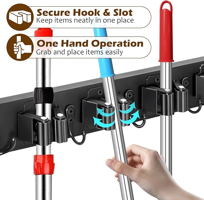 Mop and Broom Holder Over the Door, Wood Broom Hanger, Broom and Mop Organizer with 4 Slots and 7 Hooks, Drilling-Free Mop and Broom Holder for Garage, Laundry Room, Broom Hanger and Storage Tool