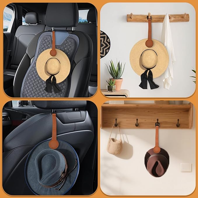 2-Pack Magnetic Cowboy Hat Clip, Leather Car Hat Holder with Strong Magnets, Universal Truck & SUV Accessories, Easy Install, Space-Saving Headrest Hook for Baseball & Cowboy Hats (Brown)